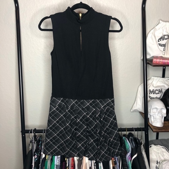 RACHEL Zoe Pleated Black Gray Plaid Dress - Picture 1 of 10
